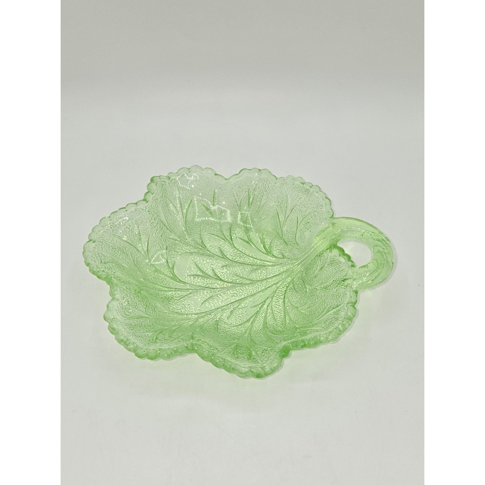 Indiana Glass Pebble Leaf Uranium Glass Handled Dish Green Vaseline Glass Candy
